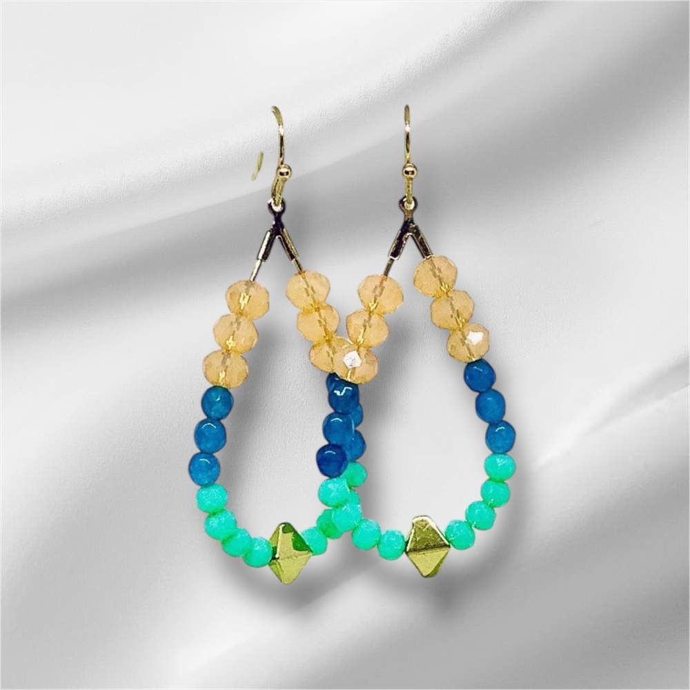 BOUTIQUE Elegant Beaded Earrings in Gold and Blue, Summer Hoops, Vacay, Handmade